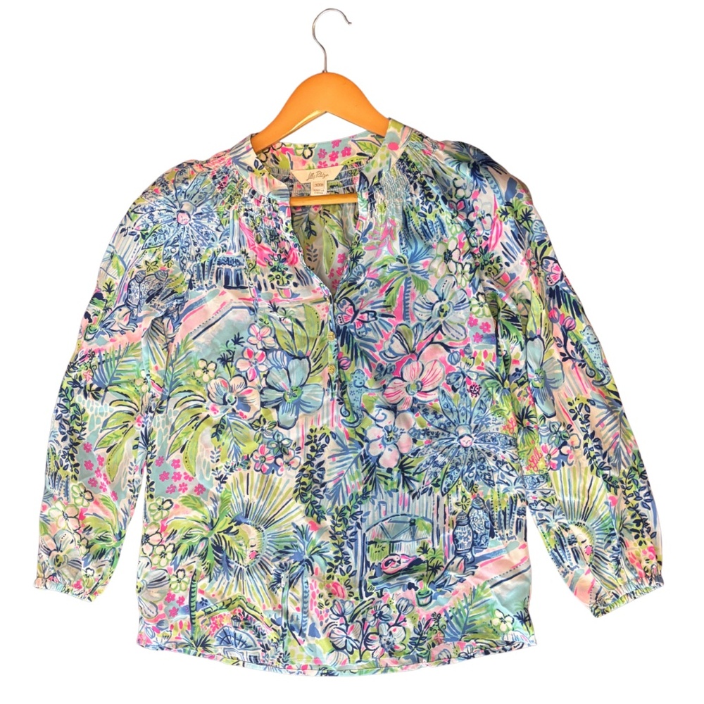 Lilly Pulitzer 100% Silk Floral Print Elsa Blouse Size XXS